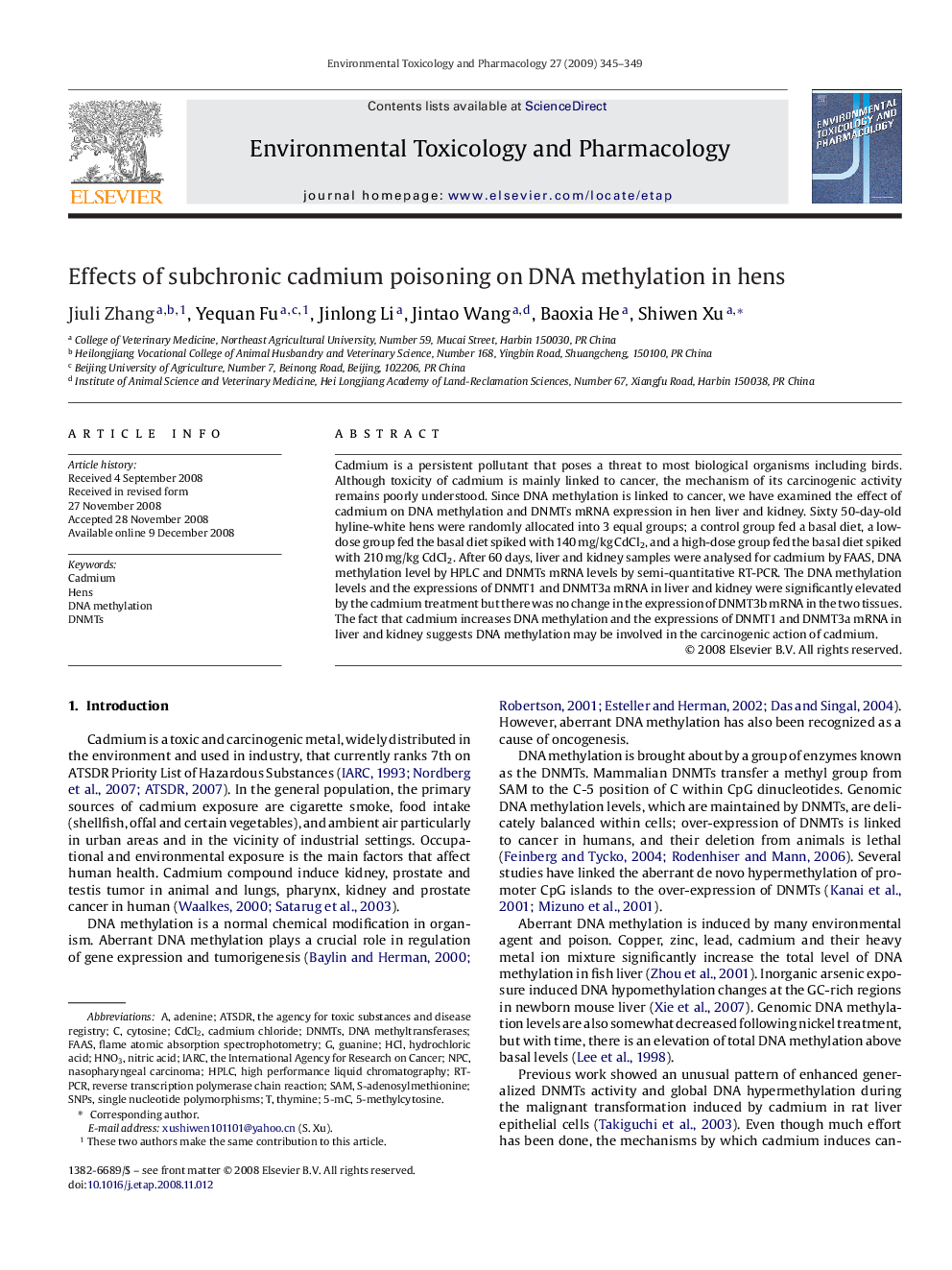 Effects of subchronic cadmium poisoning on DNA methylation in hens