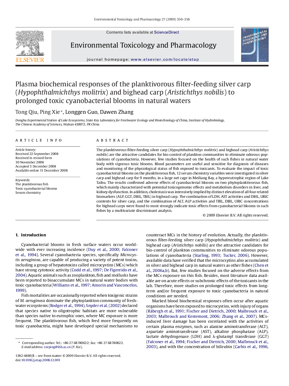 Plasma biochemical responses of the planktivorous filter-feeding silver carp (Hypophthalmichthys molitrix) and bighead carp (Aristichthys nobilis) to prolonged toxic cyanobacterial blooms in natural waters