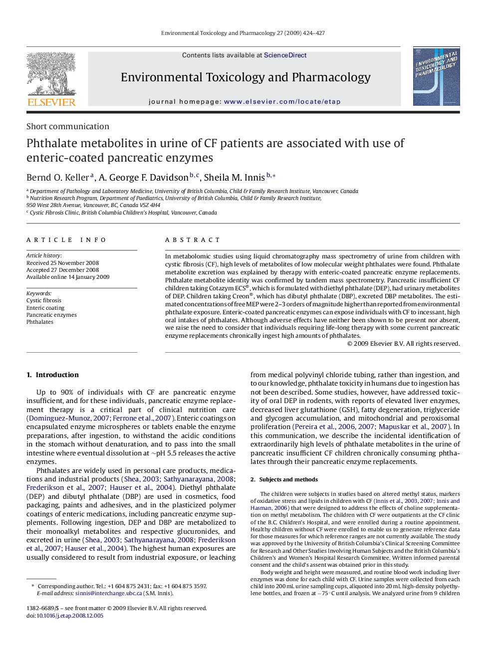 Phthalate metabolites in urine of CF patients are associated with use of enteric-coated pancreatic enzymes