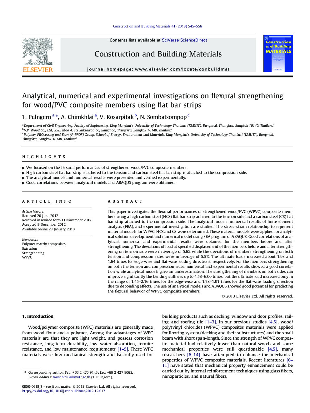 Analytical, numerical and experimental investigations on flexural strengthening for wood/PVC composite members using flat bar strips