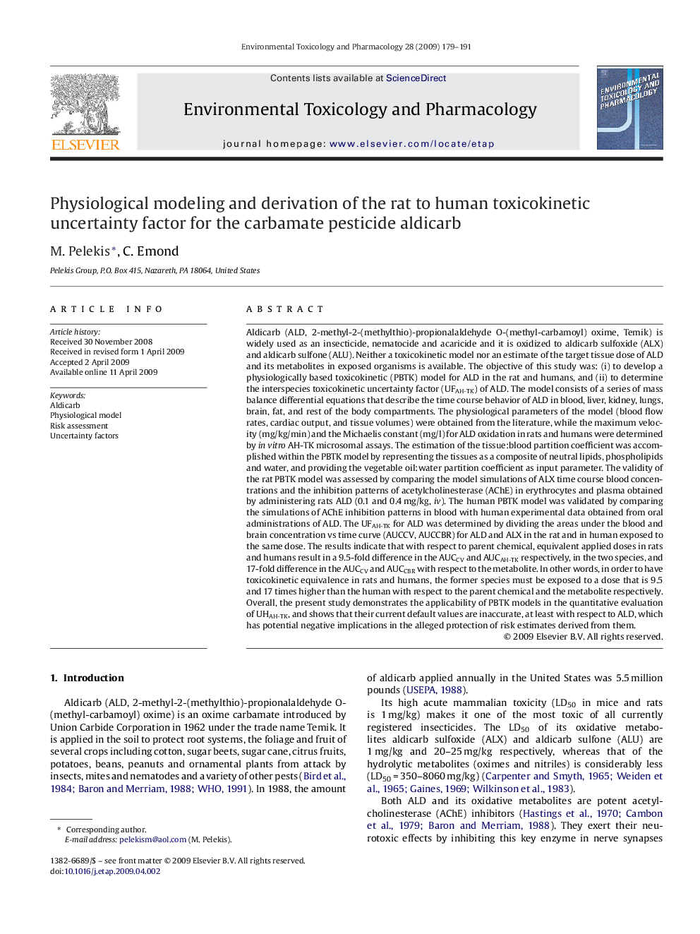 Physiological modeling and derivation of the rat to human toxicokinetic uncertainty factor for the carbamate pesticide aldicarb