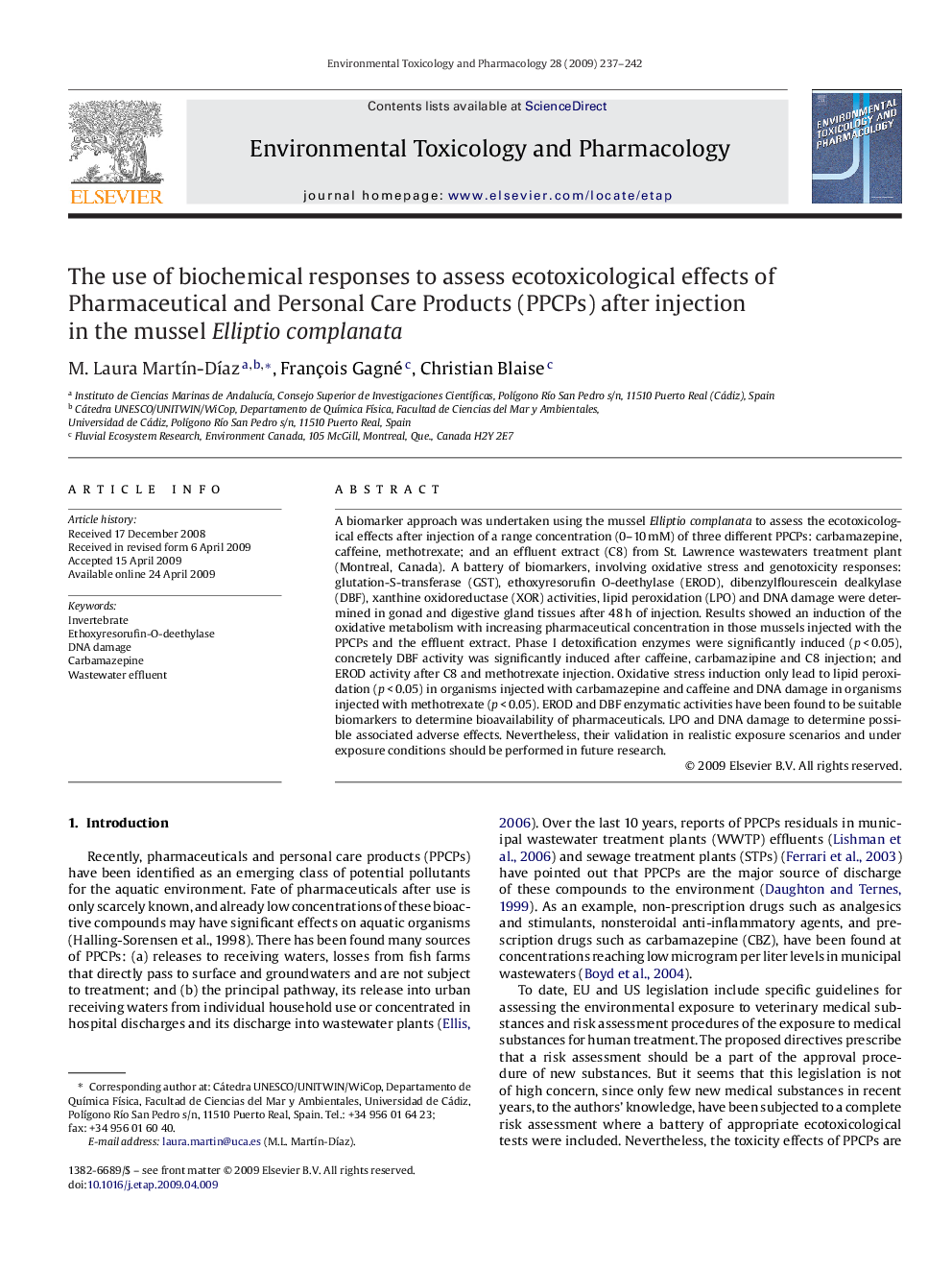 The use of biochemical responses to assess ecotoxicological effects of Pharmaceutical and Personal Care Products (PPCPs) after injection in the mussel Elliptio complanata