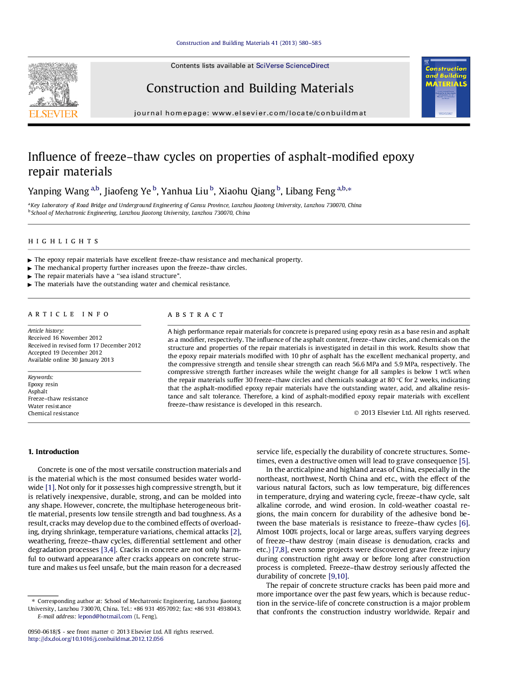 Influence of freeze–thaw cycles on properties of asphalt-modified epoxy repair materials