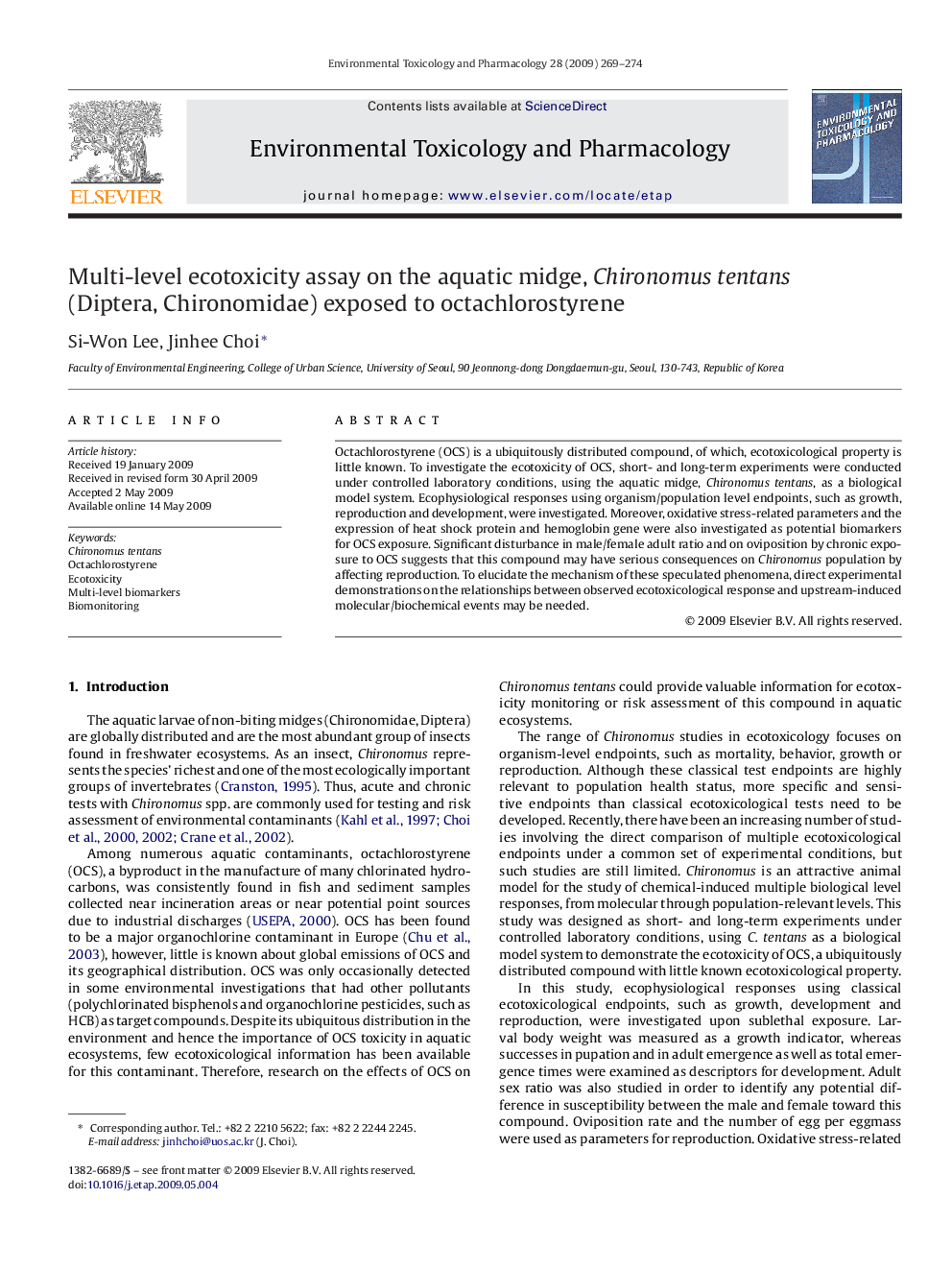 Multi-level ecotoxicity assay on the aquatic midge, Chironomus tentans (Diptera, Chironomidae) exposed to octachlorostyrene