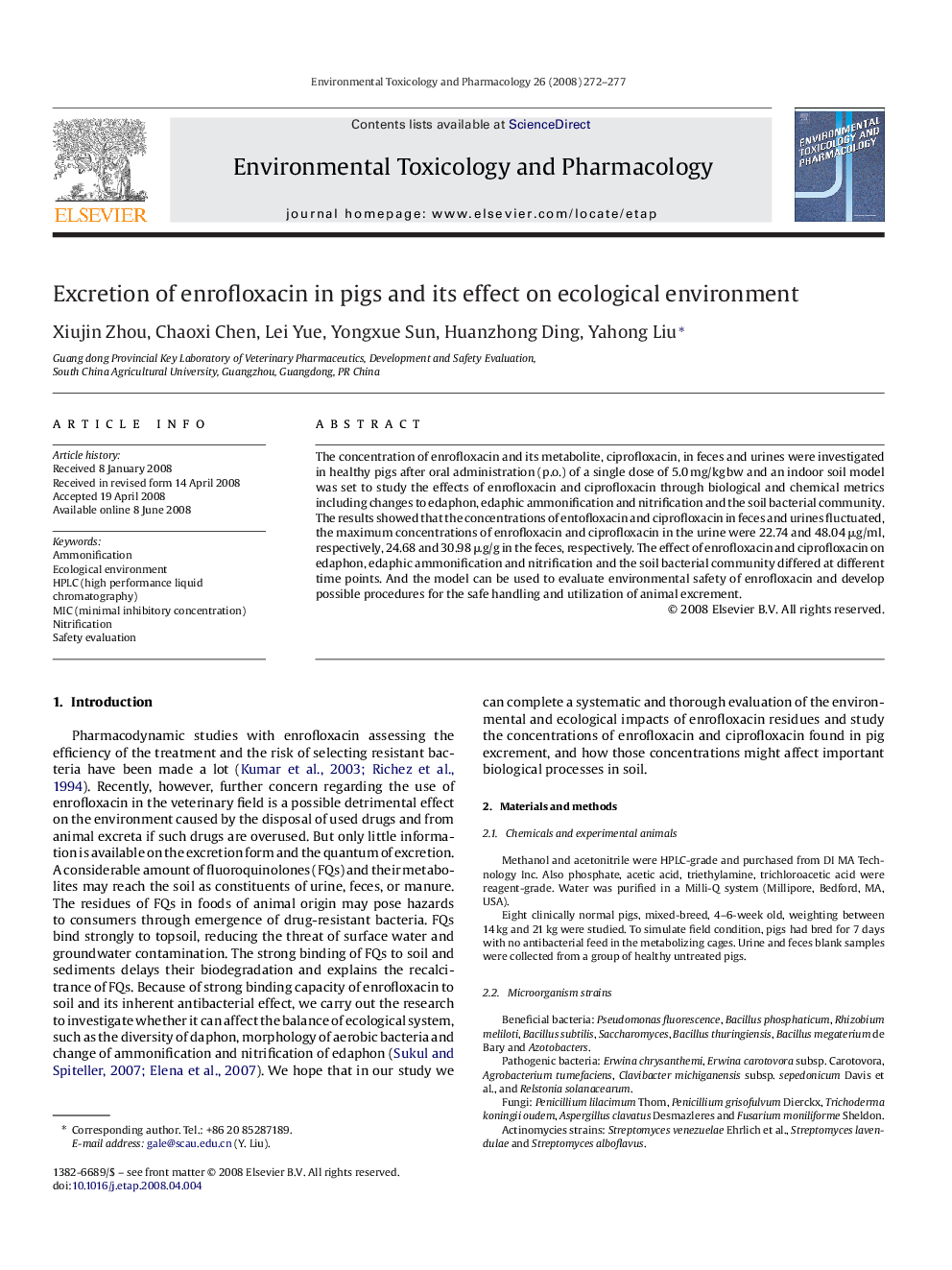 Excretion of enrofloxacin in pigs and its effect on ecological environment