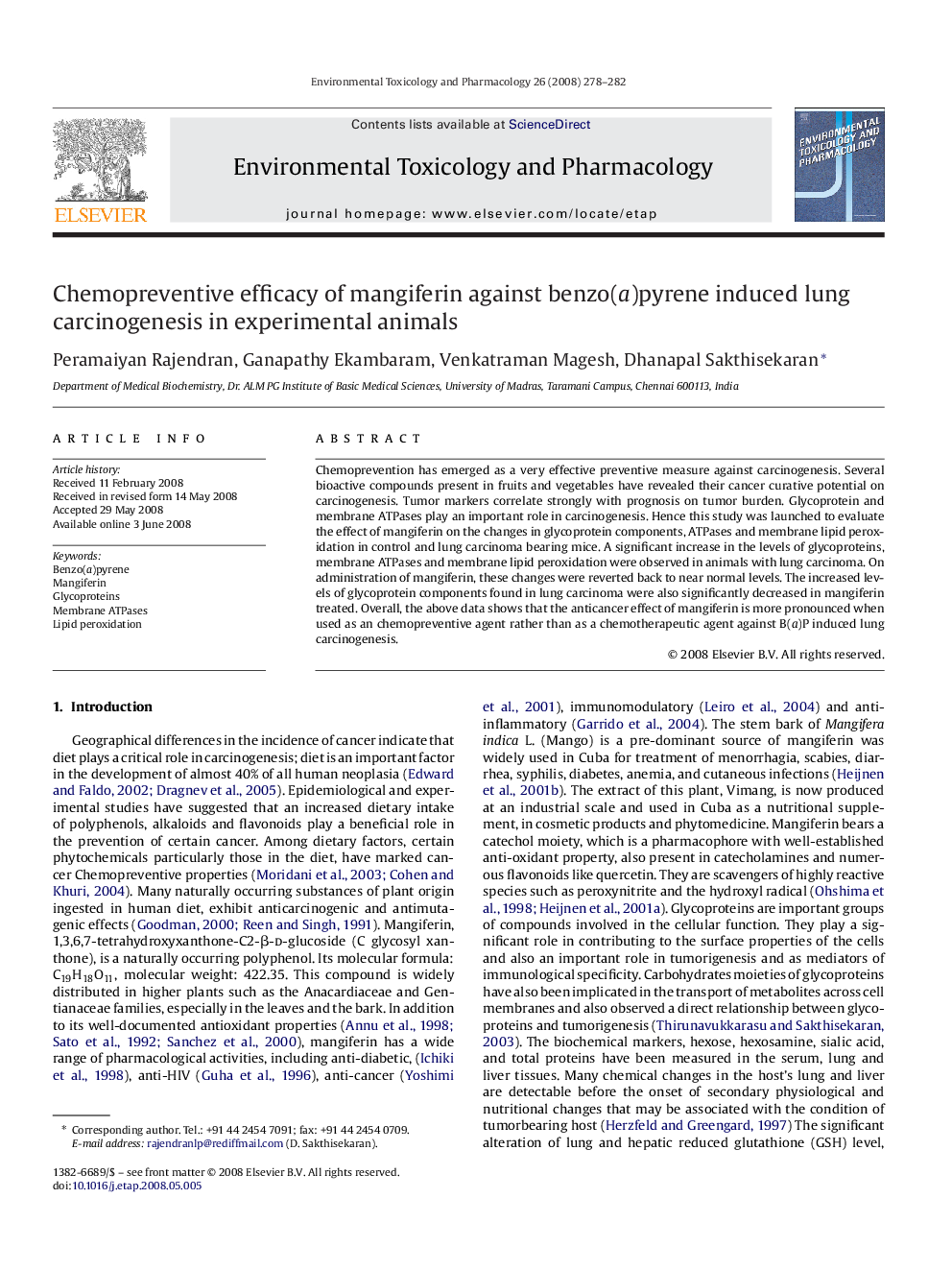 Chemopreventive efficacy of mangiferin against benzo(a)pyrene induced lung carcinogenesis in experimental animals