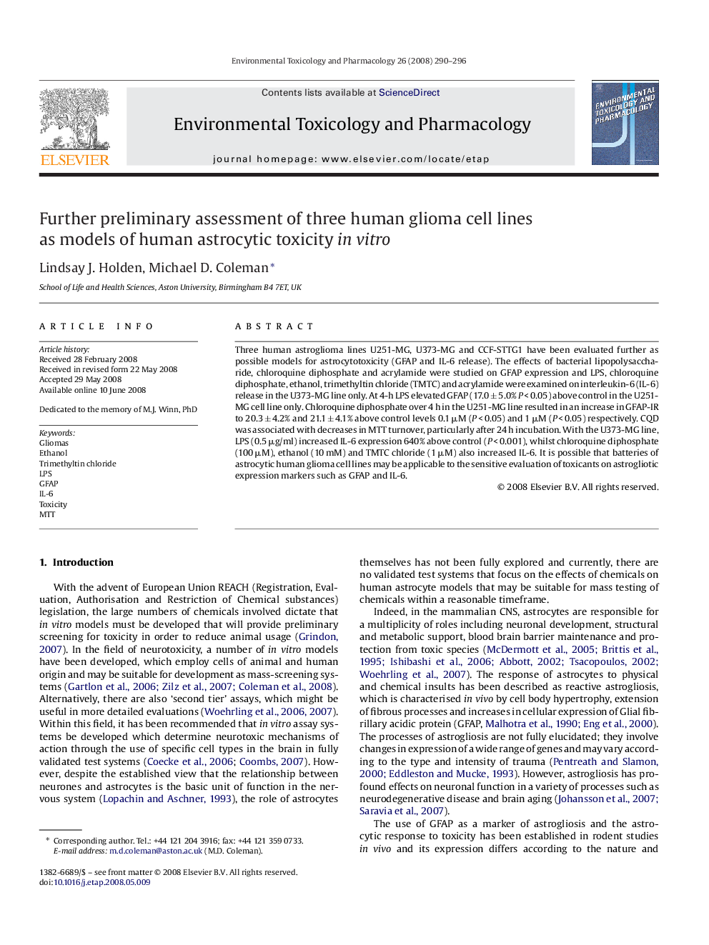 Further preliminary assessment of three human glioma cell lines as models of human astrocytic toxicity in vitro