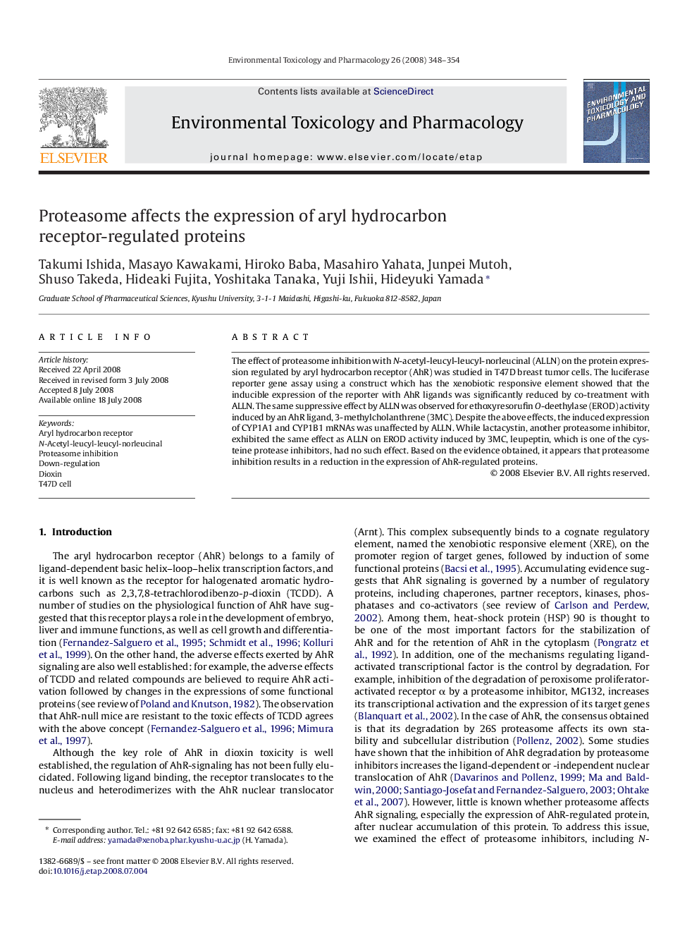 Proteasome affects the expression of aryl hydrocarbon receptor-regulated proteins