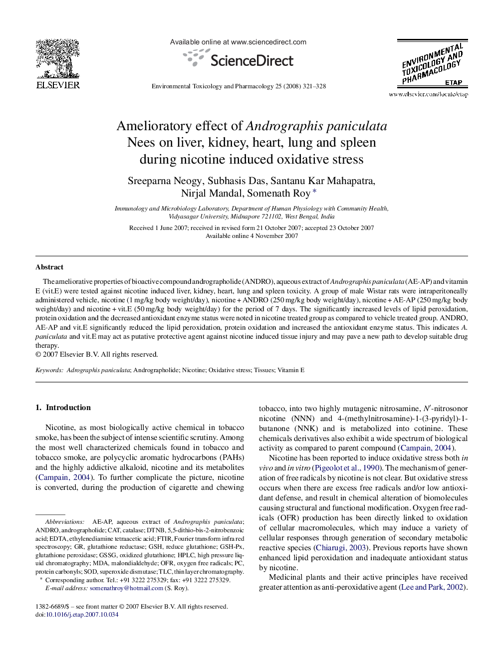 Amelioratory effect of Andrographis paniculata Nees on liver, kidney, heart, lung and spleen during nicotine induced oxidative stress