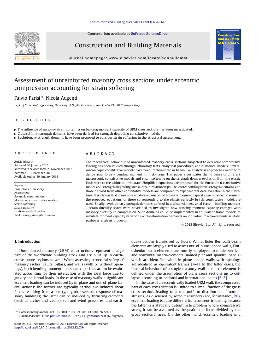 Assessment of unreinforced masonry cross sections under eccentric compression accounting for strain softening