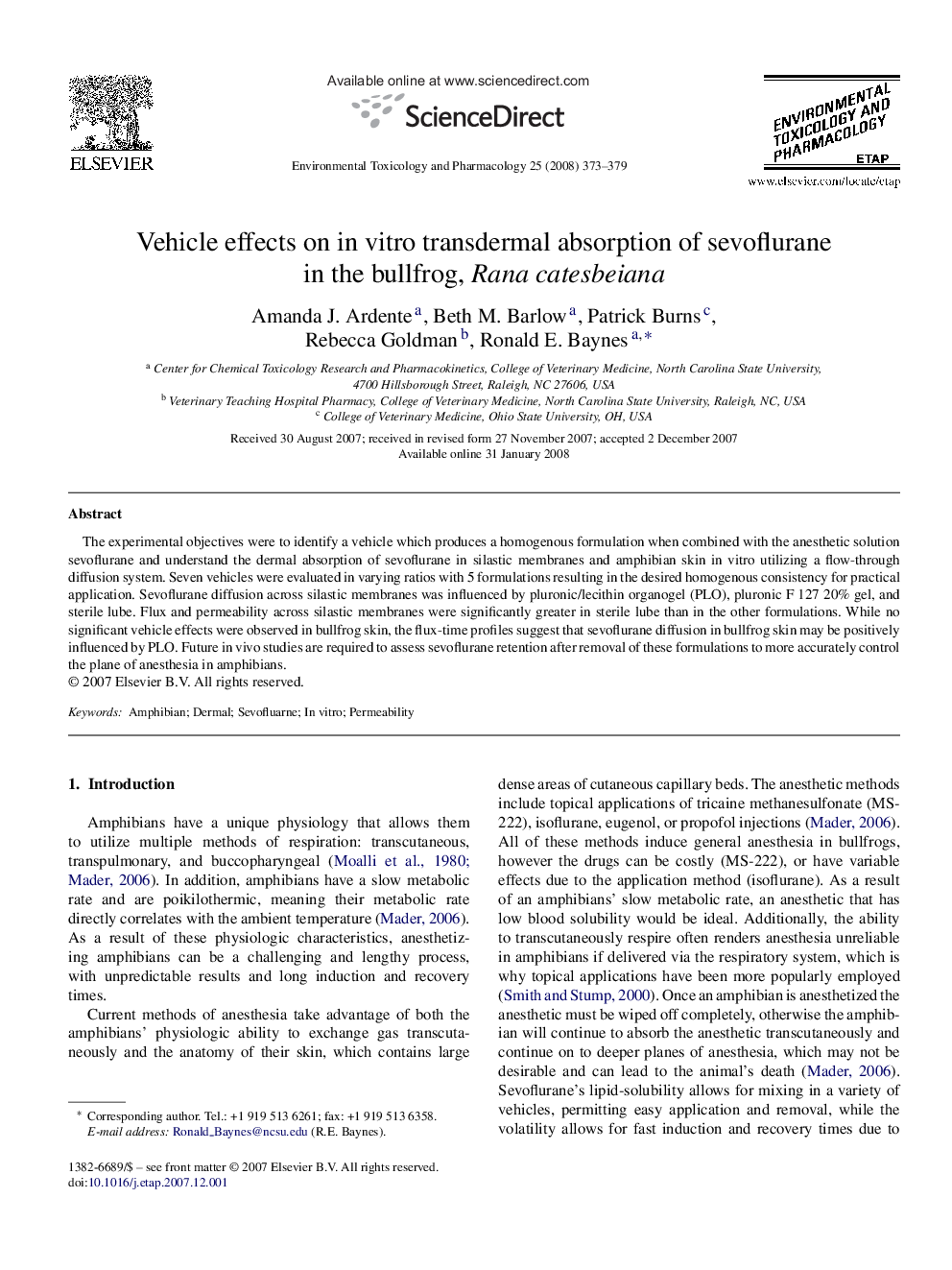 Vehicle effects on in vitro transdermal absorption of sevoflurane in the bullfrog, Rana catesbeiana