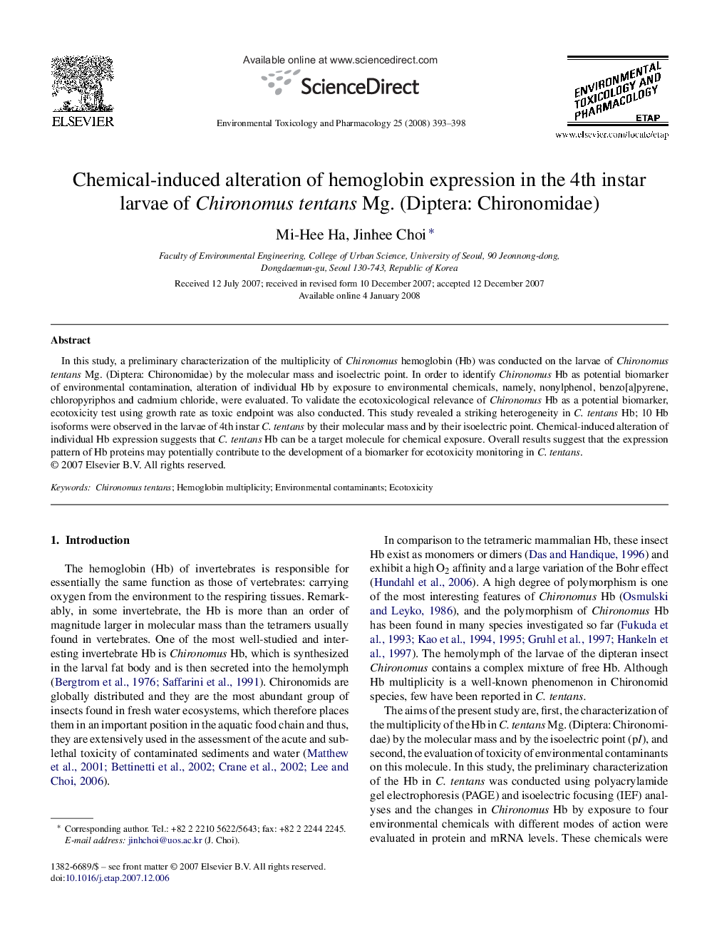 Chemical-induced alteration of hemoglobin expression in the 4th instar larvae of Chironomus tentans Mg. (Diptera: Chironomidae)