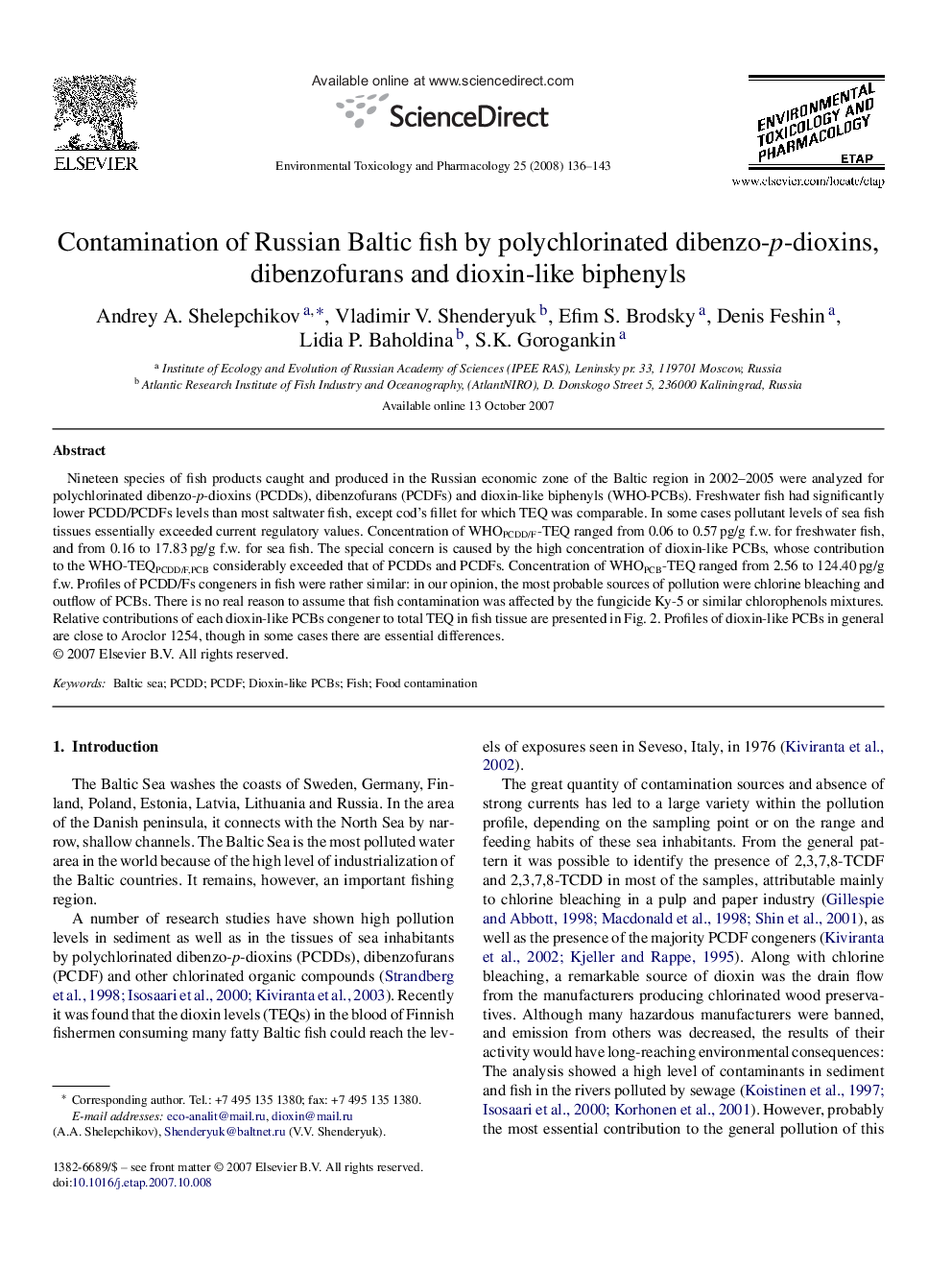 Contamination of Russian Baltic fish by polychlorinated dibenzo-p-dioxins, dibenzofurans and dioxin-like biphenyls