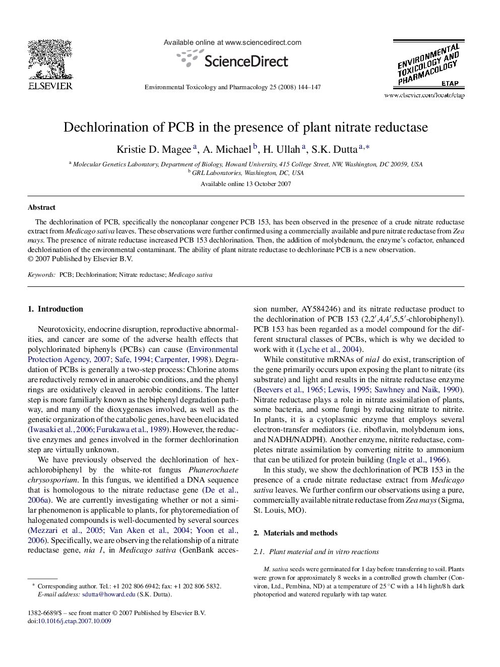 عکس صفحه اول مقاله: Dechlorination of PCB in the presence of plant nitrate reductase Dechlorination of PCB in the presence of plant nitrate reductase