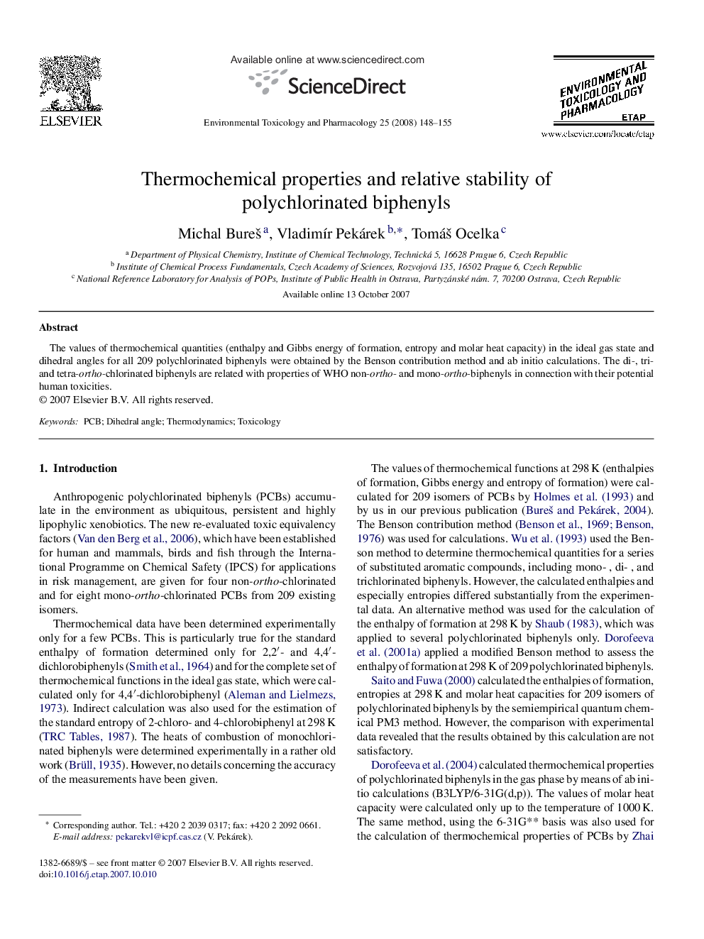 Thermochemical properties and relative stability of polychlorinated biphenyls