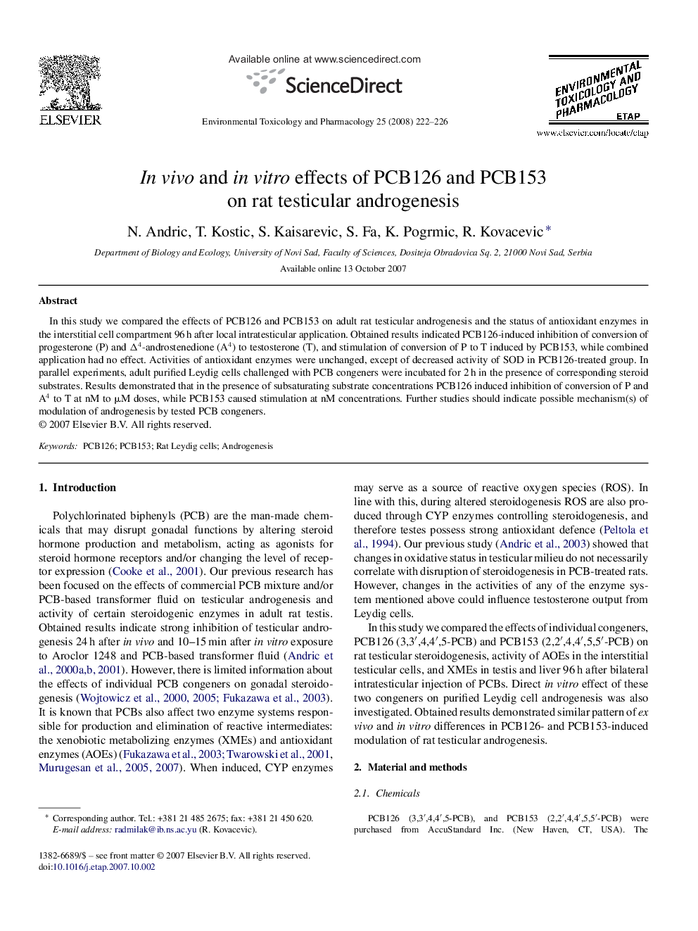 In vivo and in vitro effects of PCB126 and PCB153 on rat testicular androgenesis