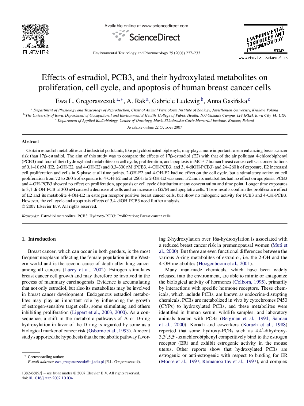 Effects of estradiol, PCB3, and their hydroxylated metabolites on proliferation, cell cycle, and apoptosis of human breast cancer cells