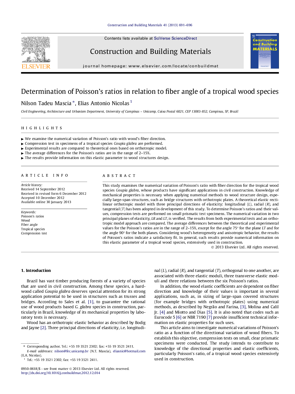 Determination of Poisson’s ratios in relation to fiber angle of a tropical wood species