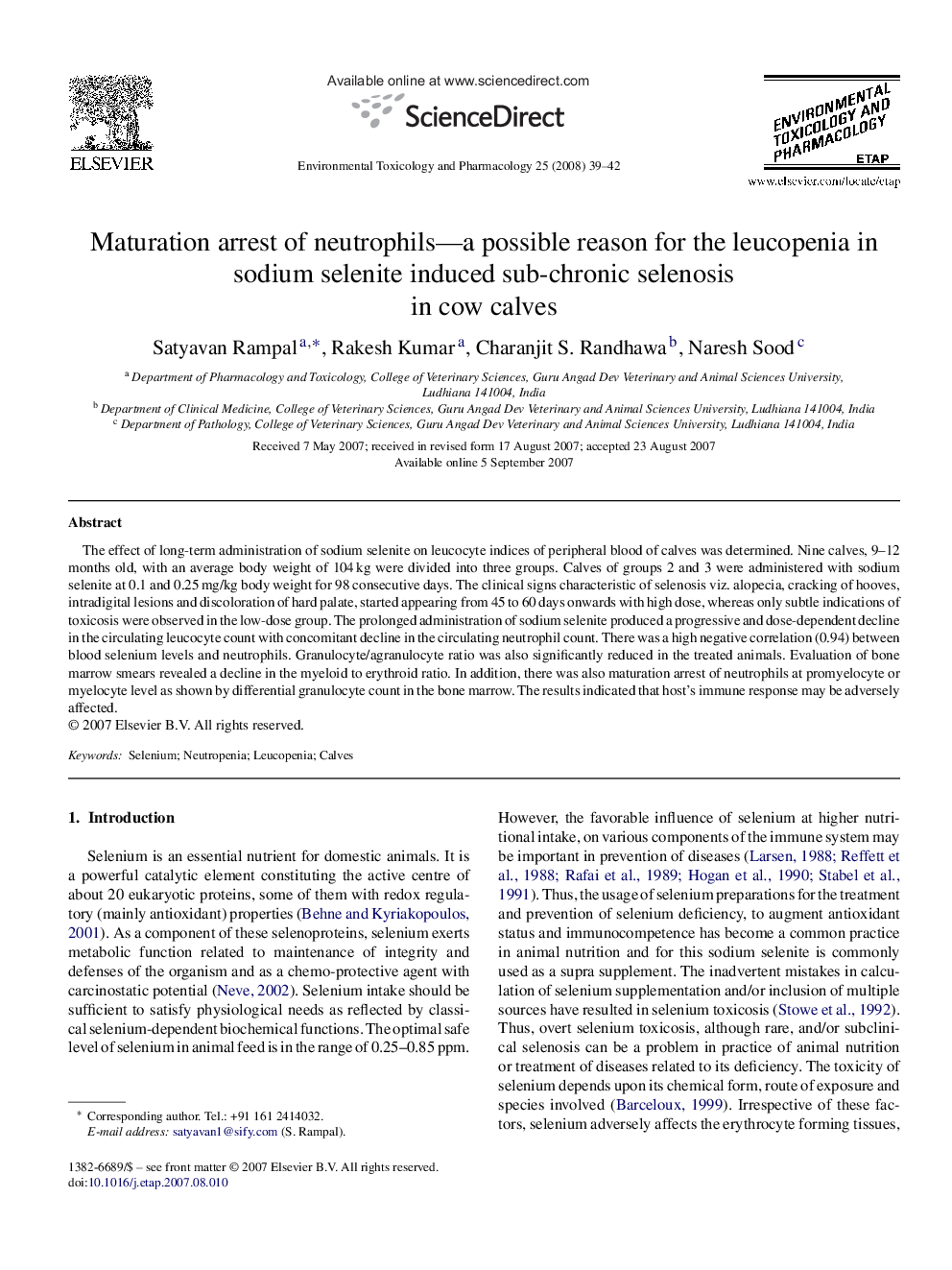 Maturation arrest of neutrophils-a possible reason for the leucopenia in sodium selenite induced sub-chronic selenosis in cow calves