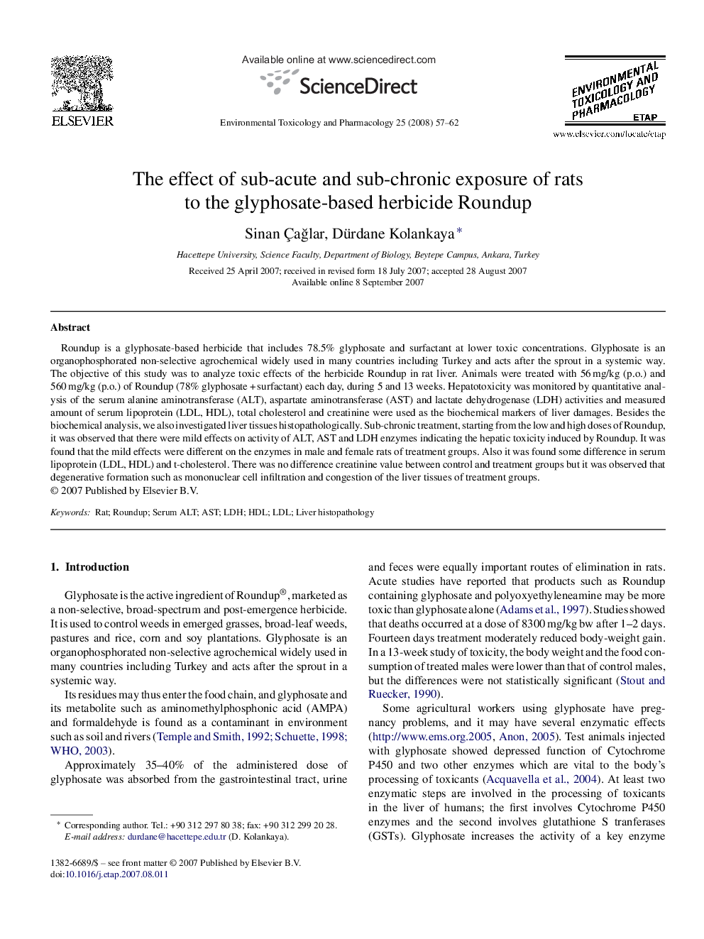 The effect of sub-acute and sub-chronic exposure of rats to the glyphosate-based herbicide Roundup