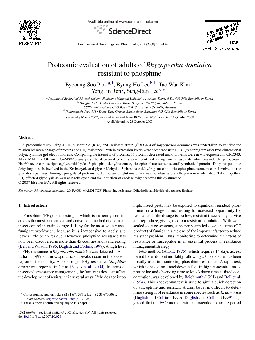 Proteomic evaluation of adults of Rhyzopertha dominica resistant to phosphine