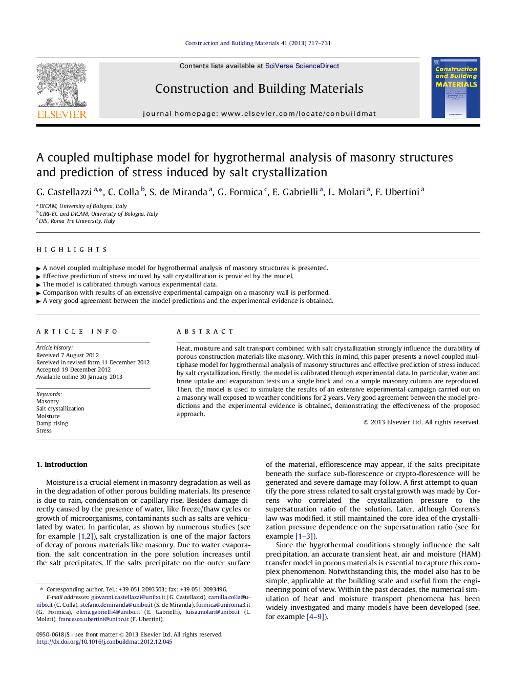 A coupled multiphase model for hygrothermal analysis of masonry structures and prediction of stress induced by salt crystallization