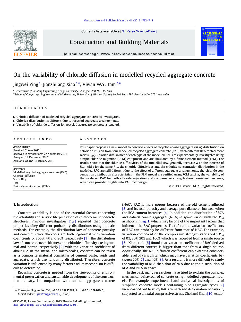 On the variability of chloride diffusion in modelled recycled aggregate concrete