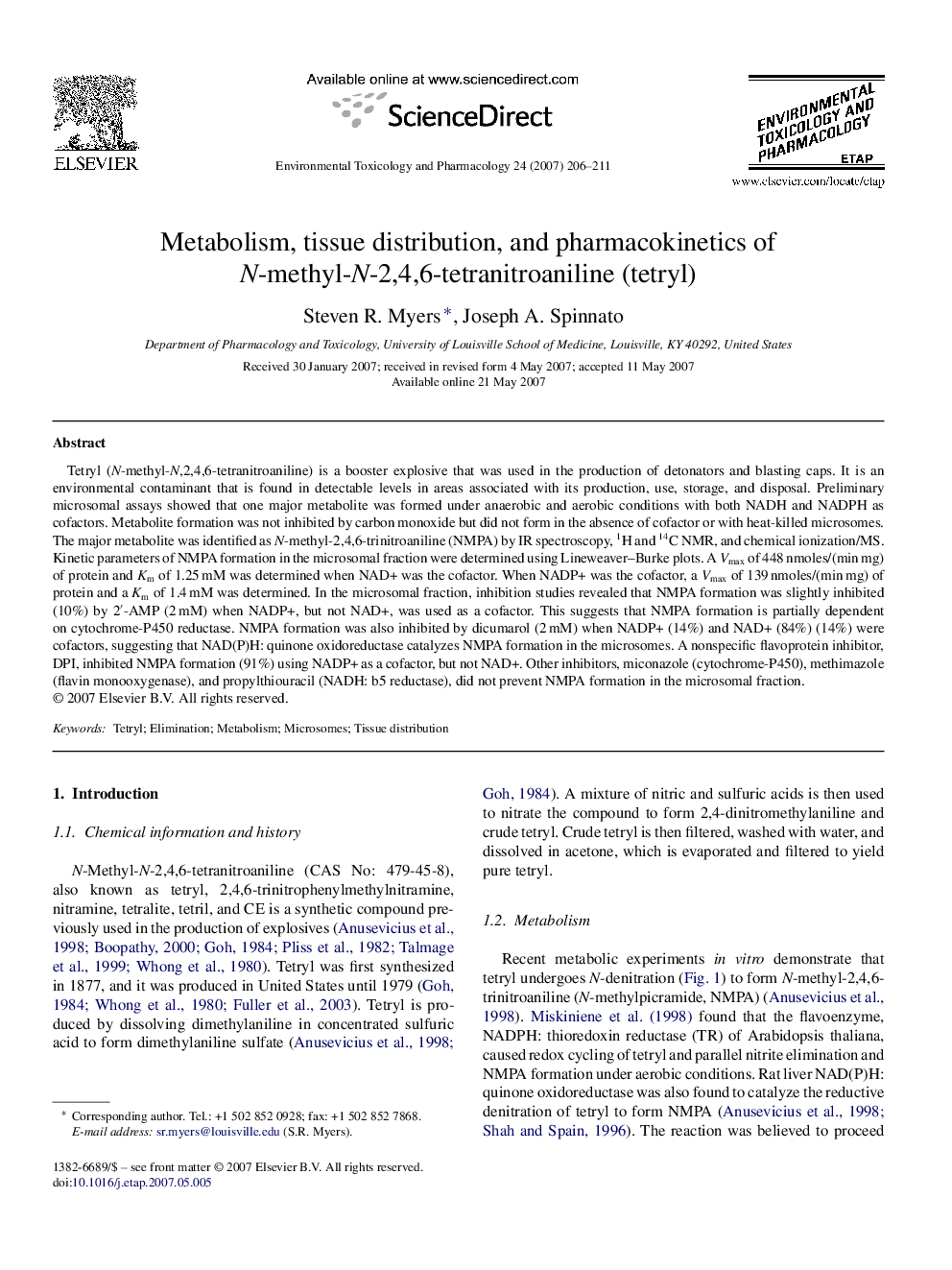 Metabolism, tissue distribution, and pharmacokinetics of N-methyl-N-2,4,6-tetranitroaniline (tetryl)