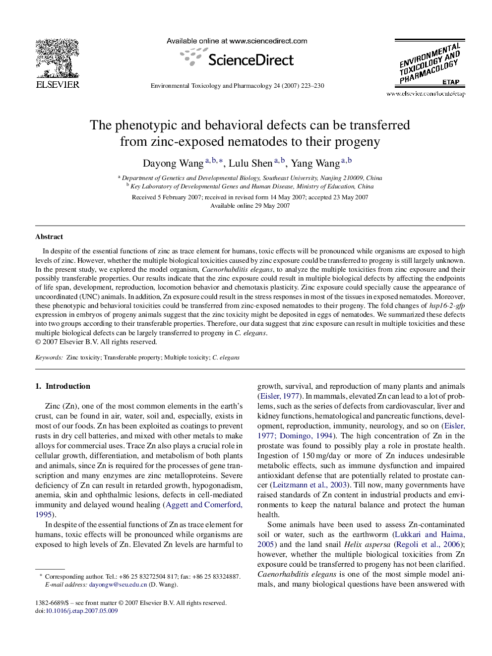 The phenotypic and behavioral defects can be transferred from zinc-exposed nematodes to their progeny