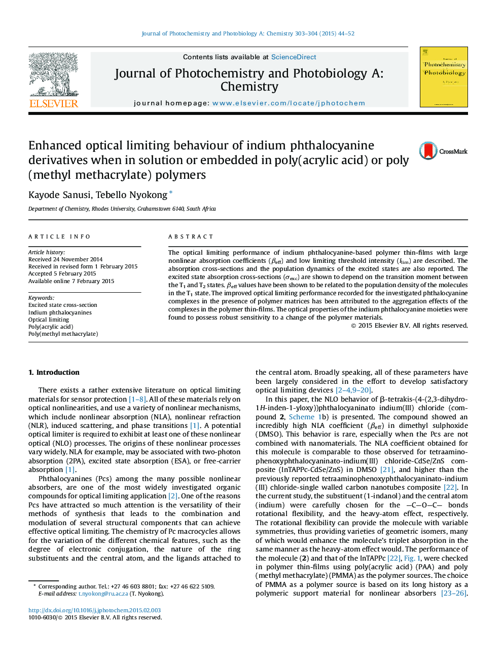 Enhanced optical limiting behaviour of indium phthalocyanine derivatives when in solution or embedded in poly(acrylic acid) or poly(methyl methacrylate) polymers