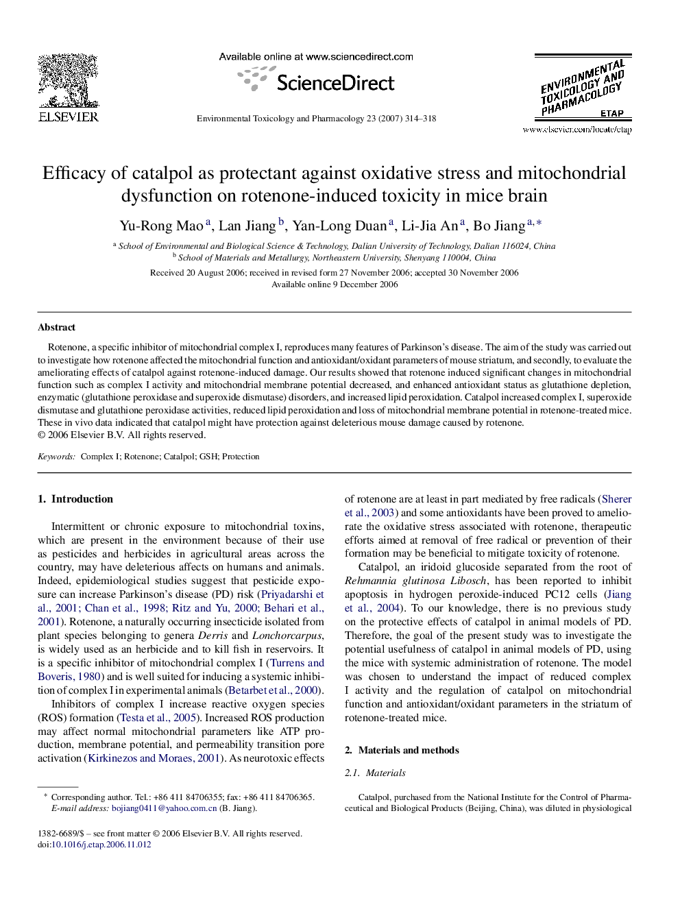 Efficacy of catalpol as protectant against oxidative stress and mitochondrial dysfunction on rotenone-induced toxicity in mice brain