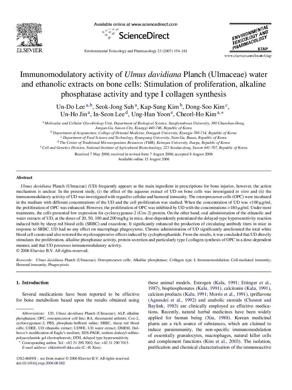 Immunomodulatory activity of Ulmus davidiana Planch (Ulmaceae) water and ethanolic extracts on bone cells: Stimulation of proliferation, alkaline phosphatase activity and type I collagen synthesis