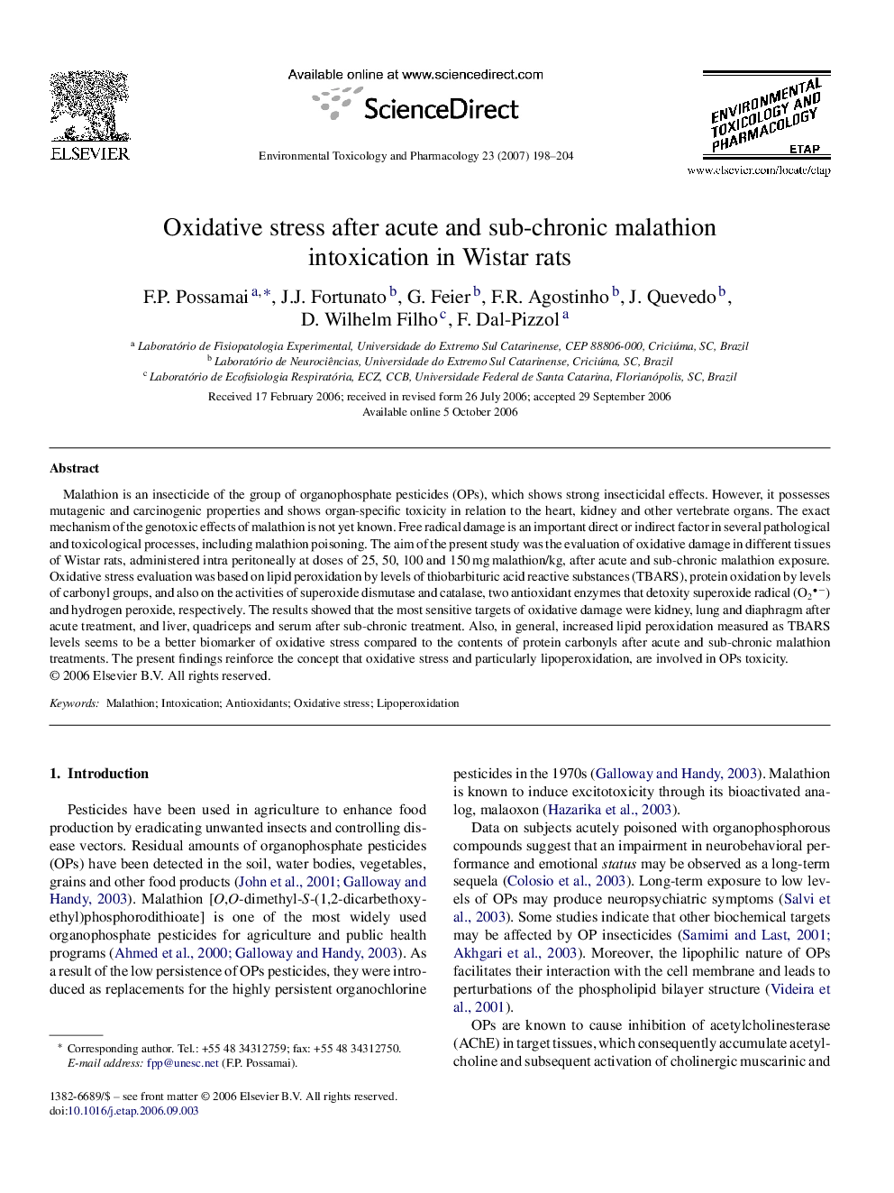 Oxidative stress after acute and sub-chronic malathion intoxication in Wistar rats