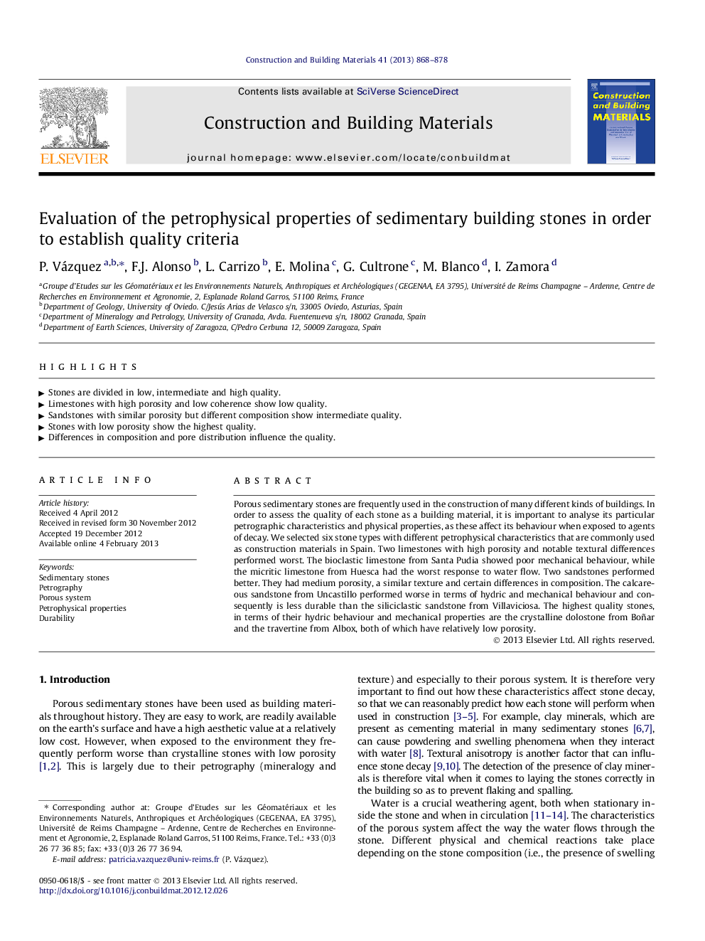 Evaluation of the petrophysical properties of sedimentary building stones in order to establish quality criteria