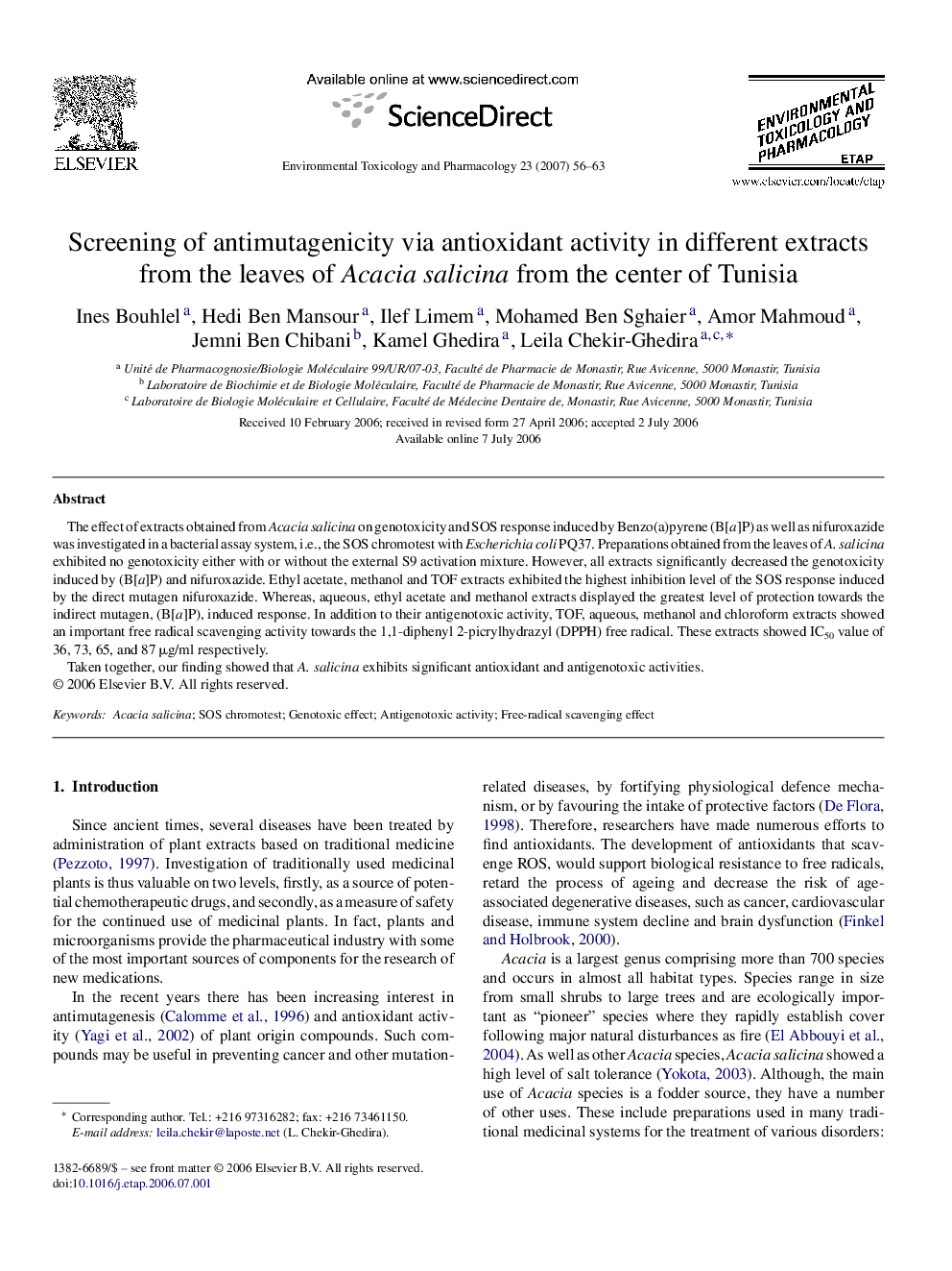 Screening of antimutagenicity via antioxidant activity in different extracts from the leaves of Acacia salicina from the center of Tunisia