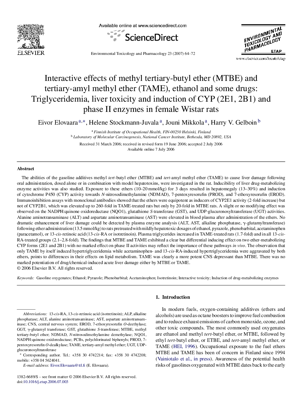 Interactive effects of methyl tertiary-butyl ether (MTBE) and tertiary-amyl methyl ether (TAME), ethanol and some drugs: Triglyceridemia, liver toxicity and induction of CYP (2E1, 2B1) and phase II enzymes in female Wistar rats