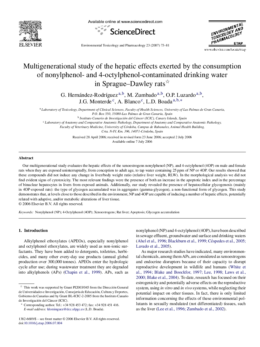 Multigenerational study of the hepatic effects exerted by the consumption of nonylphenol- and 4-octylphenol-contaminated drinking water in Sprague–Dawley rats 