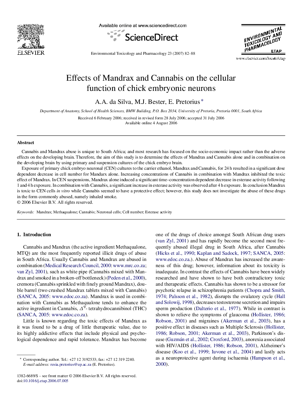 Effects of Mandrax and Cannabis on the cellular function of chick embryonic neurons