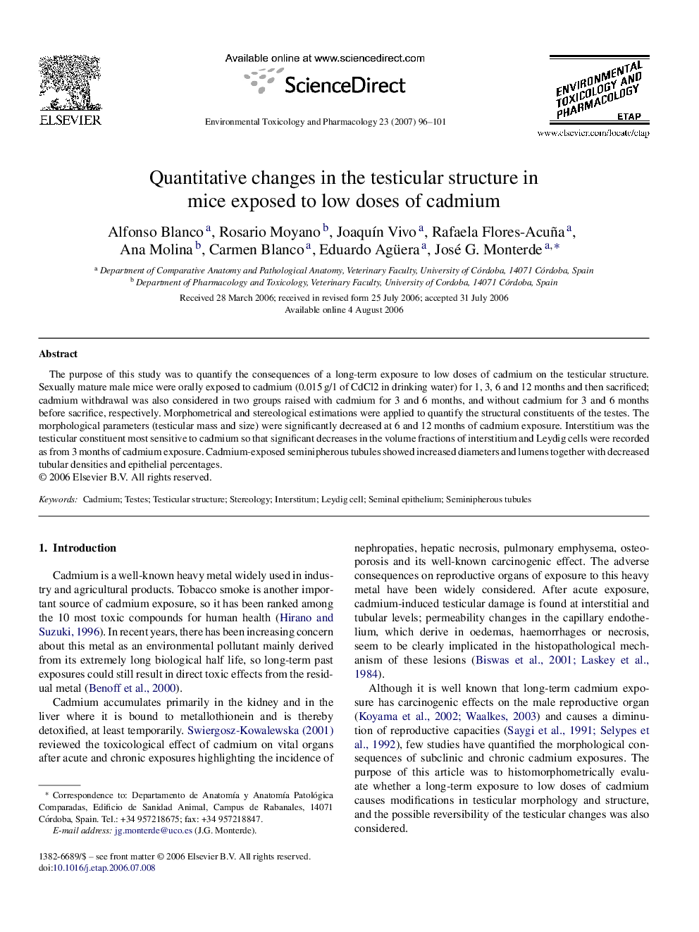 Quantitative changes in the testicular structure in mice exposed to low doses of cadmium