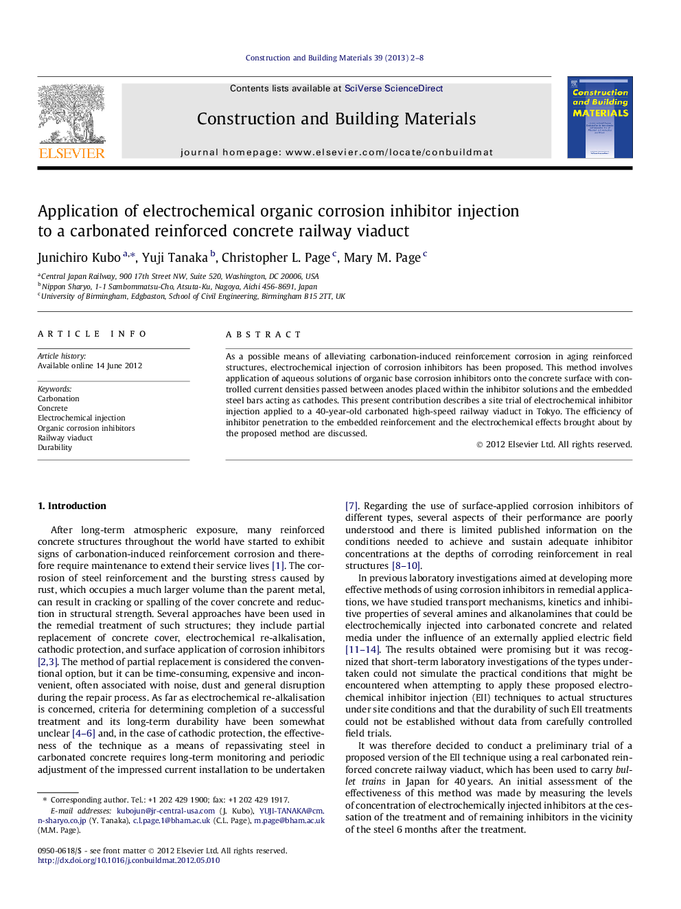 Application of electrochemical organic corrosion inhibitor injection to a carbonated reinforced concrete railway viaduct