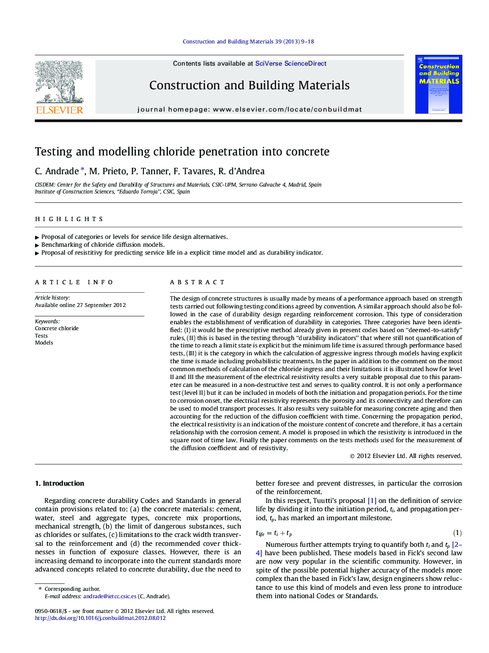 Testing and modelling chloride penetration into concrete