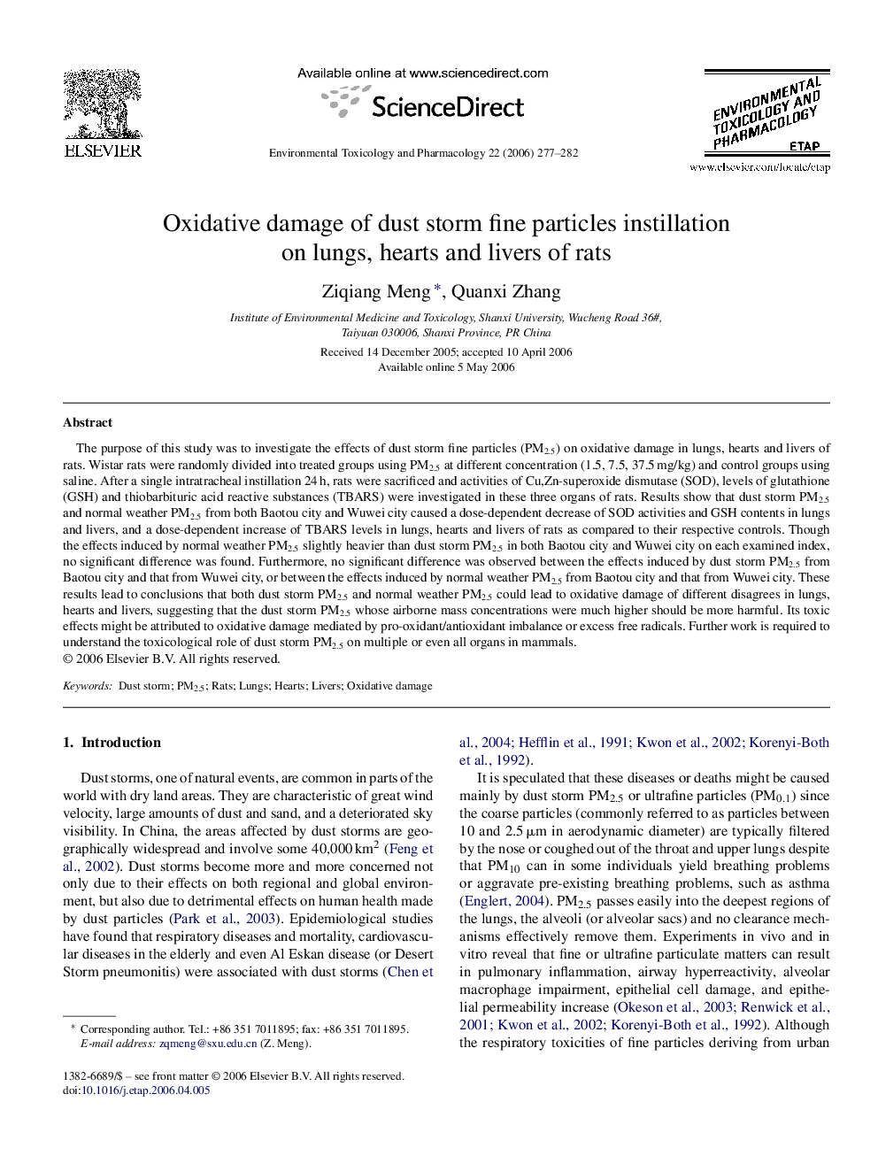 Oxidative damage of dust storm fine particles instillation on lungs, hearts and livers of rats