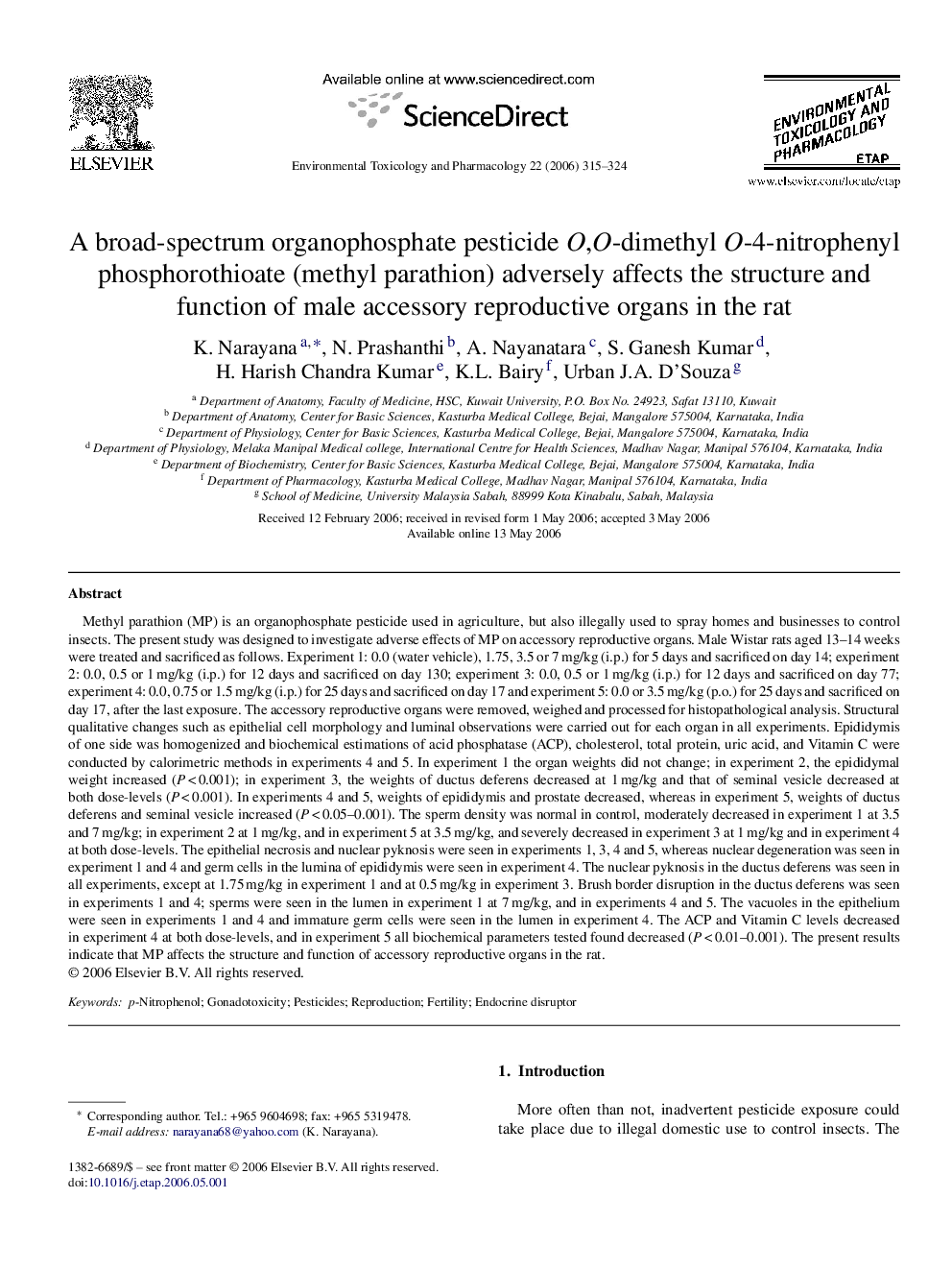 عکس صفحه اول مقاله: A broad-spectrum organophosphate pesticide O,O-dimethyl O-4-nitrophenyl phosphorothioate (methyl parathion) adversely affects the structure and function of male accessory reproductive organs in the rat A broad-spectrum organophosphate pesticide O,O-dimethyl O-4-nitrophenyl phosphorothioate (methyl parathion) adversely affects the structure and function of male accessory reproductive organs in the rat