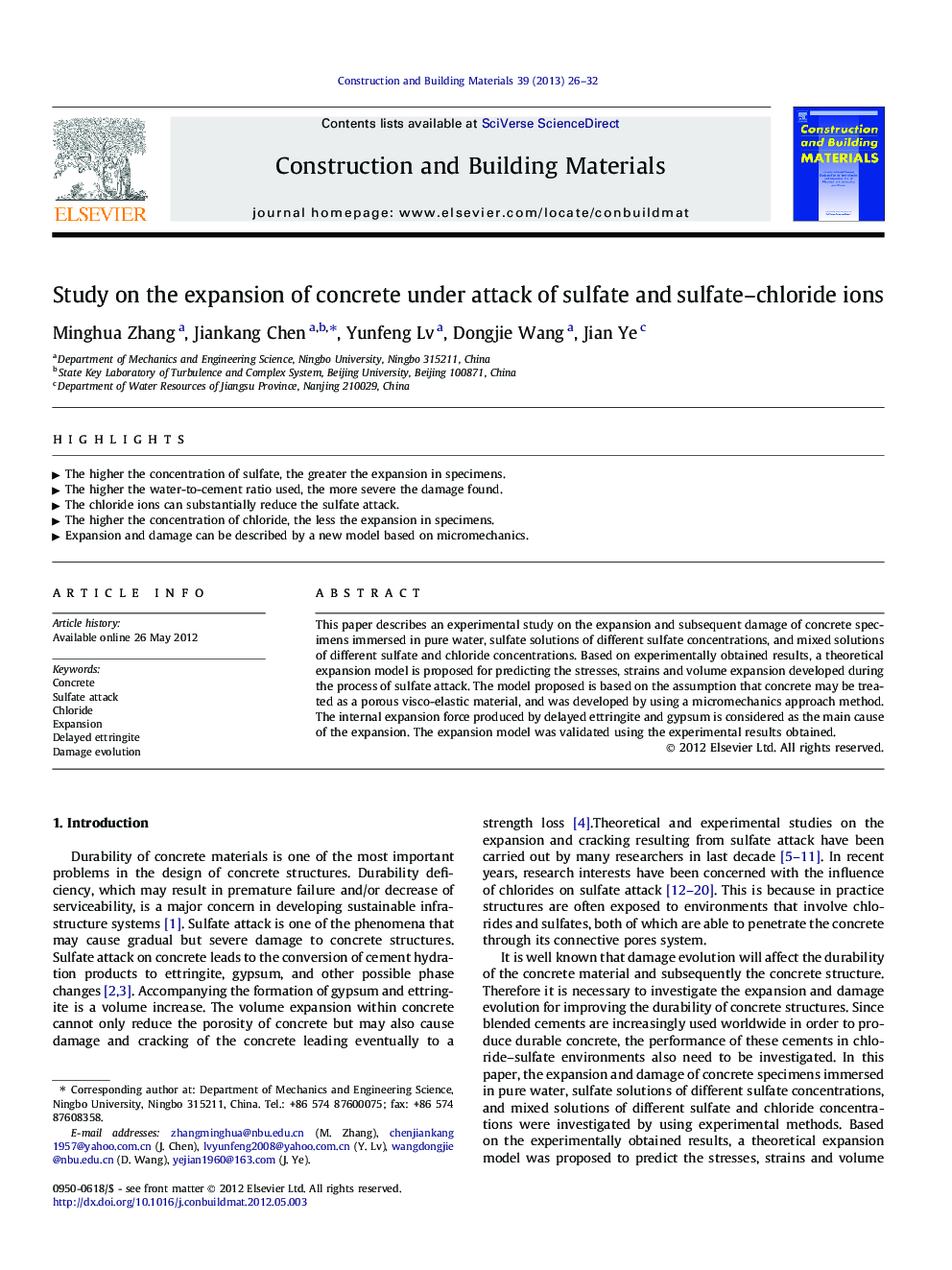 Study on the expansion of concrete under attack of sulfate and sulfate–chloride ions