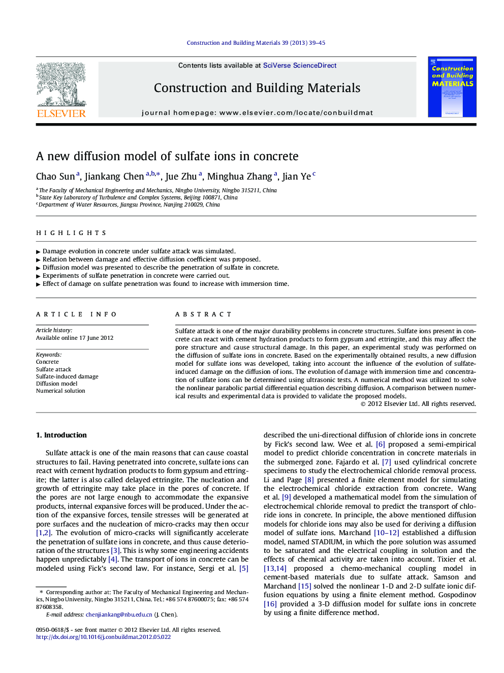 A new diffusion model of sulfate ions in concrete