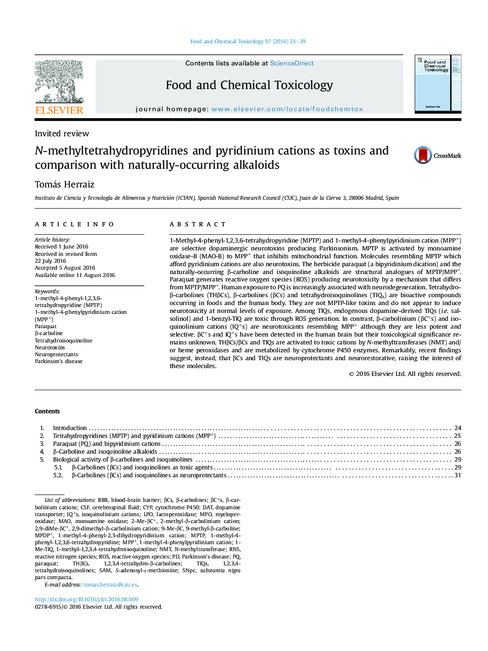 N-methyltetrahydropyridines and pyridinium cations as toxins and comparison with naturally-occurring alkaloids