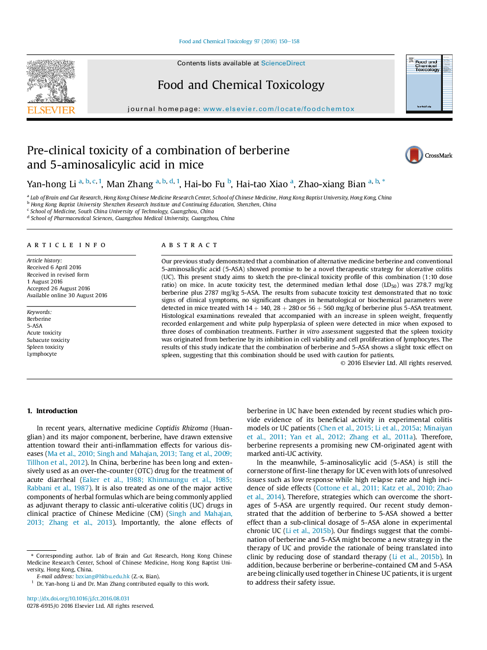 Pre-clinical toxicity of a combination of berberine and 5-aminosalicylic acid in mice