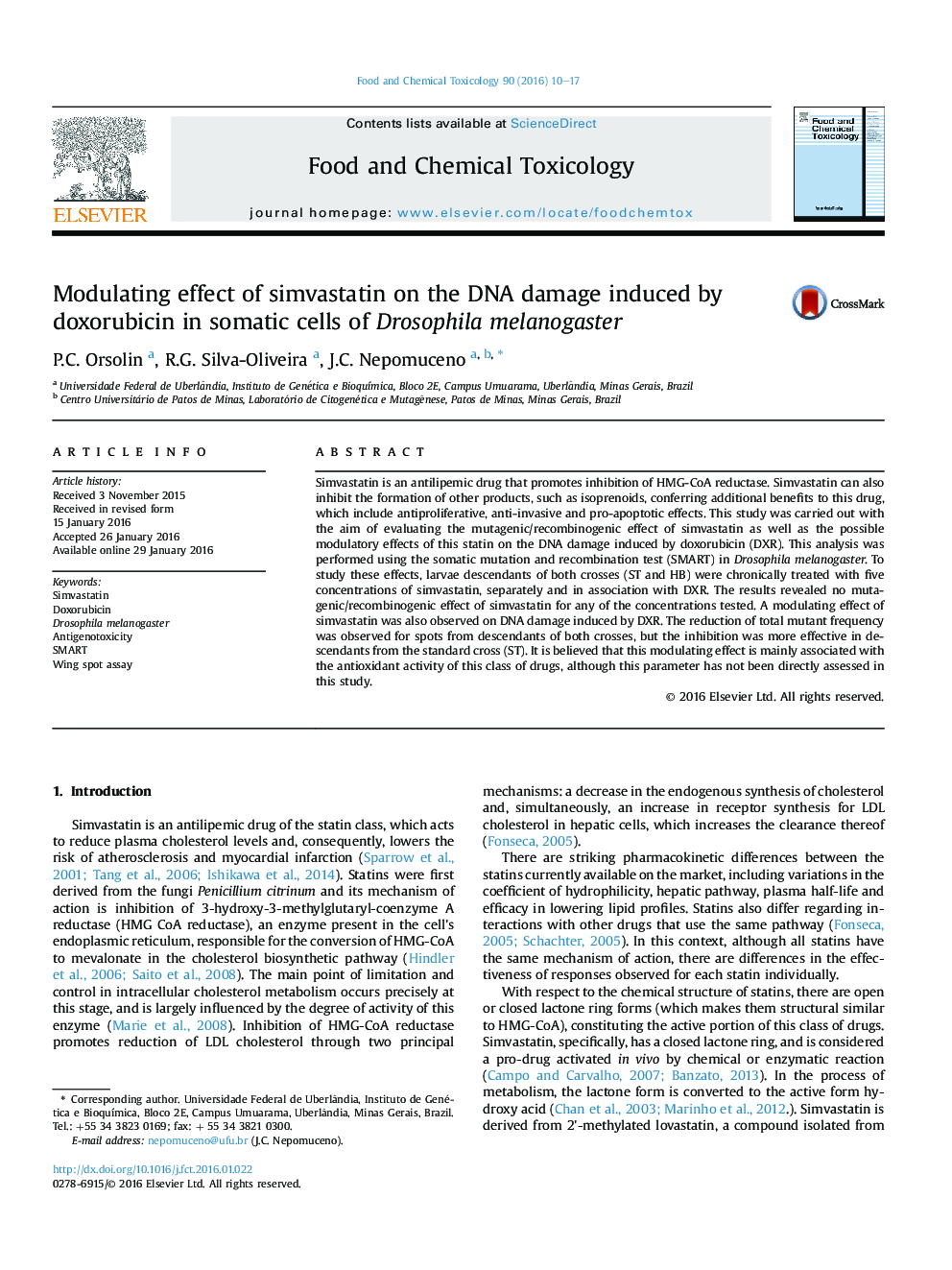 Modulating effect of simvastatin on the DNA damage induced by doxorubicin in somatic cells of Drosophila melanogaster