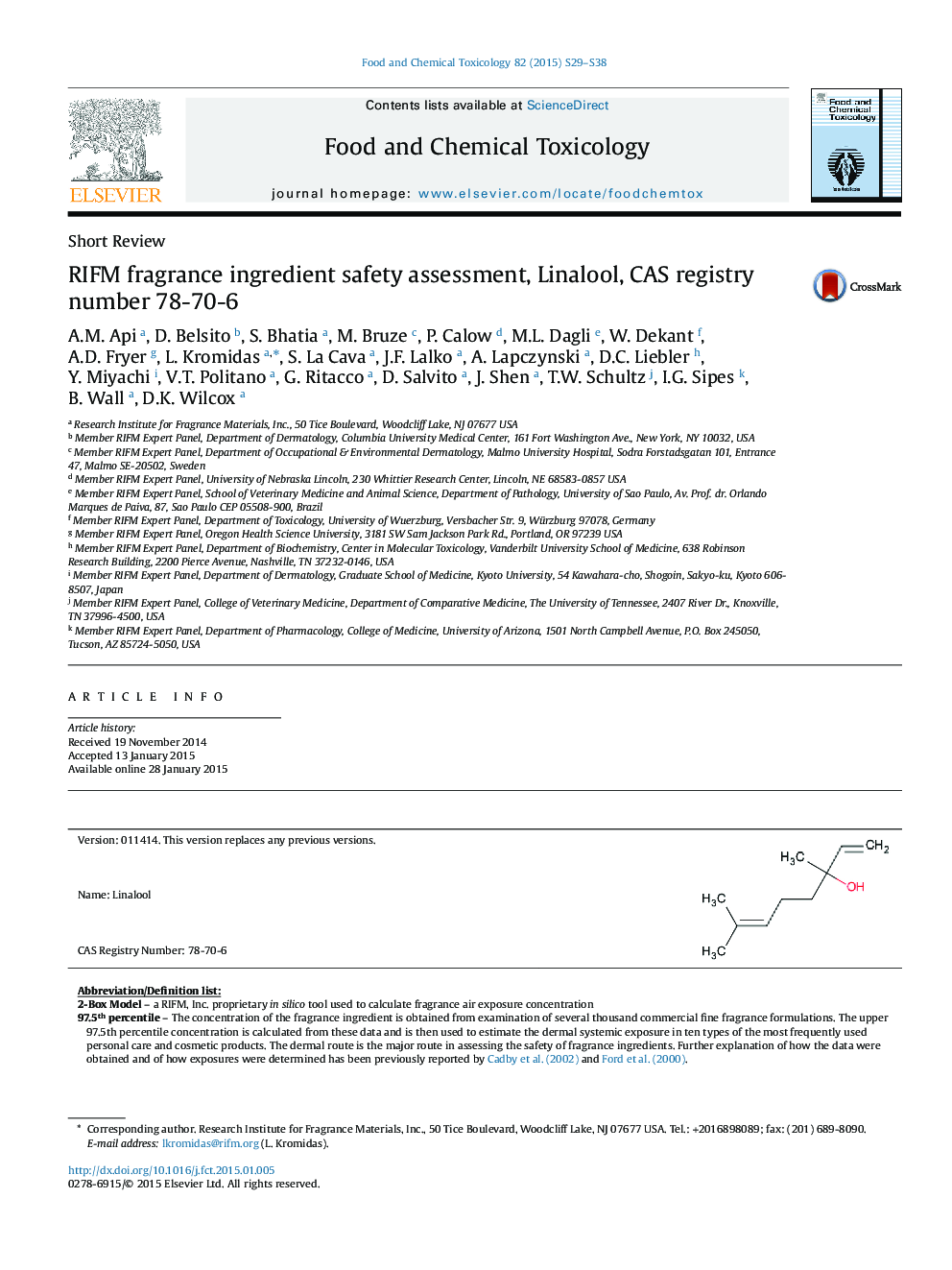 RIFM fragrance ingredient safety assessment, Linalool, CAS registry number 78-70-6