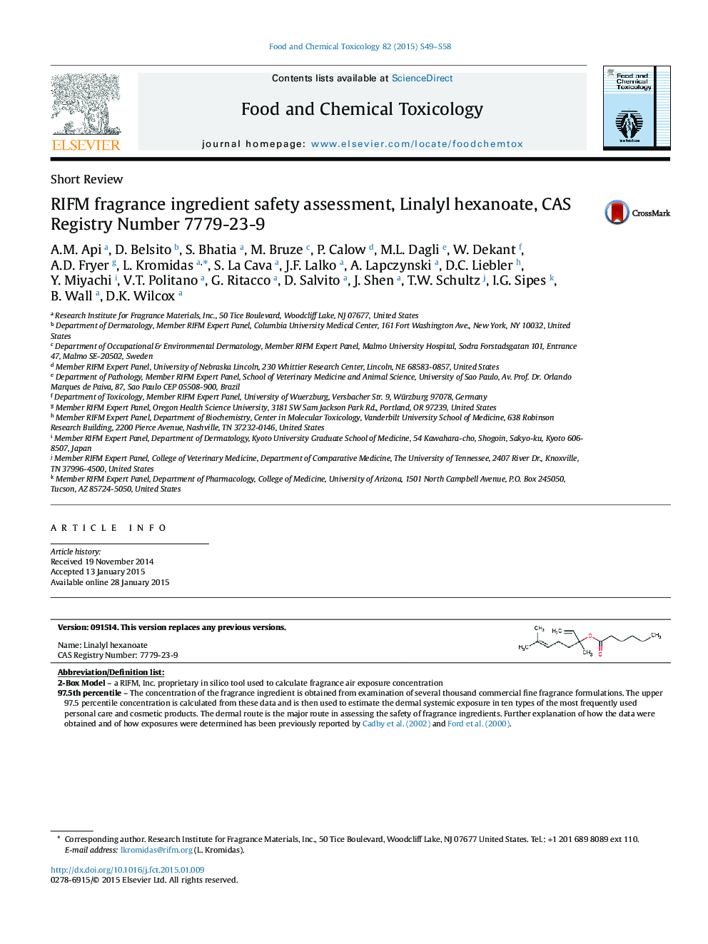 RIFM fragrance ingredient safety assessment, Linalyl hexanoate, CAS Registry Number 7779-23-9